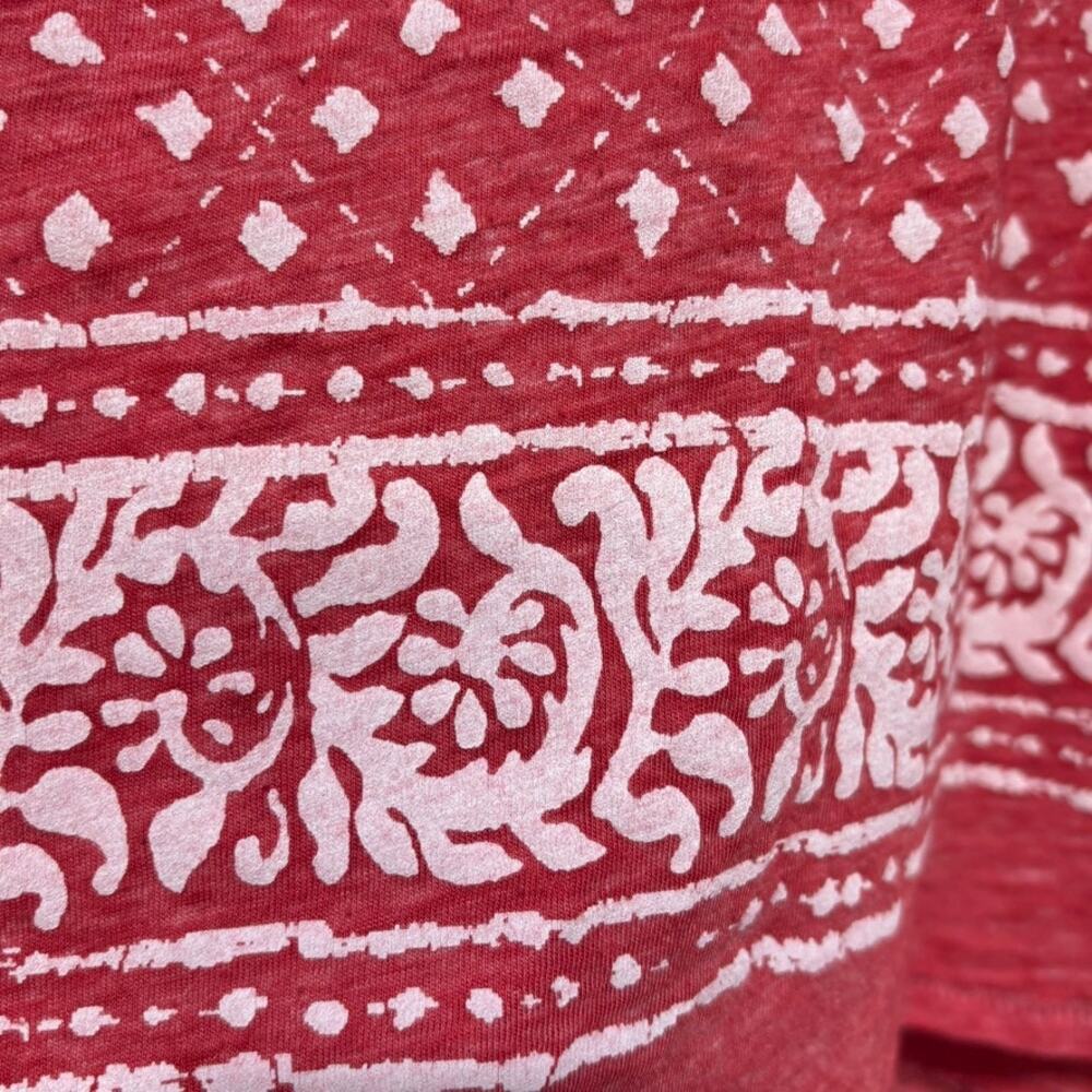 Lucky Brand Red White Boho Print Boxy Size Medium Block Print Floral Border Top - Picture 2 of 9